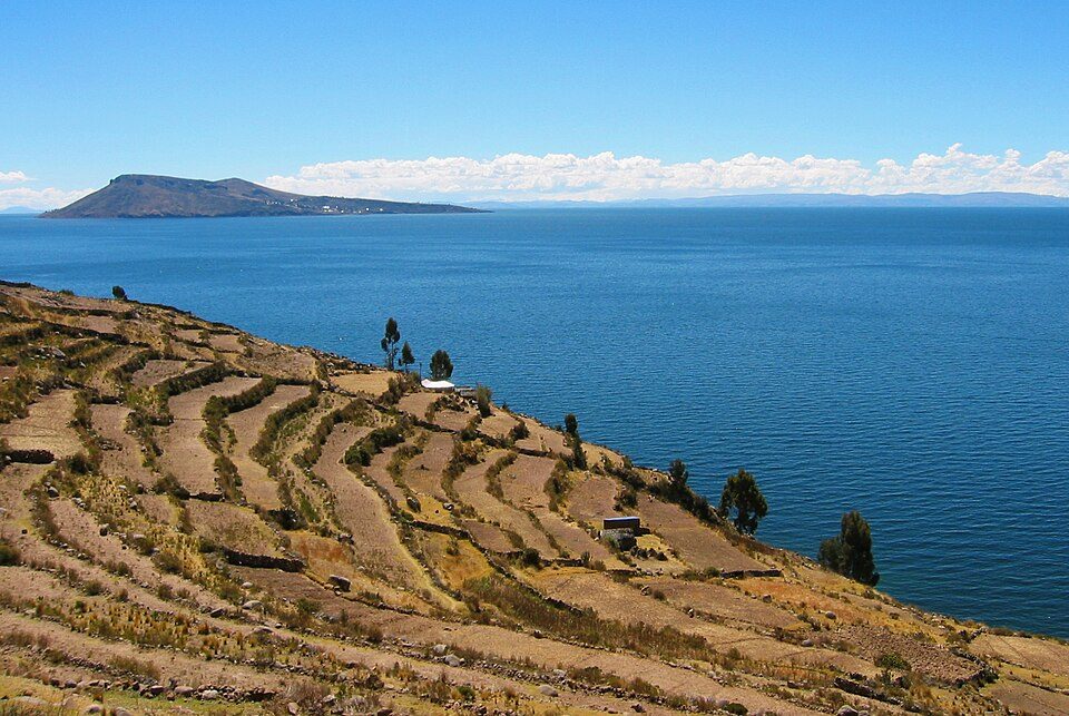 Homes and agricultural terraces on Amantaní overlooking Lake Titicaca